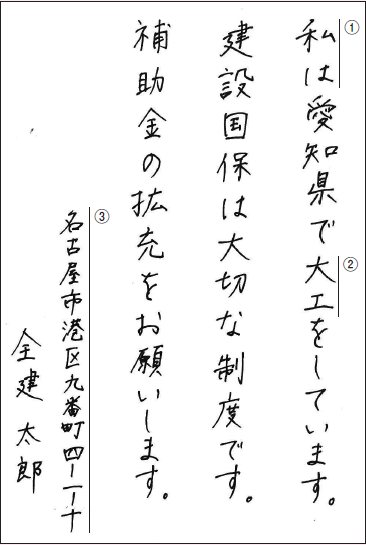 「国保組合に対する補助金確保ハガキ」の書き方見本
